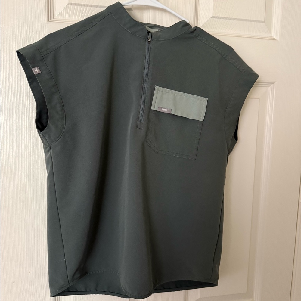 Figs Women Sleeveless Medical Scrub Top in Olive Green with Light Sage Pocket